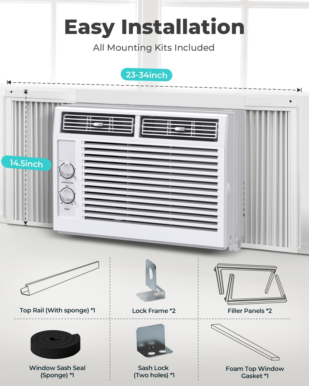 5000 BTU Window Air Conditioner AC Unit, Cool up to 150 Sq.Ft., Adjustable Cooling & Fan Modes, Install Kit, Energy Saving, Air Conditioner Window Unit for Bedroom, Apartment, Living Room
