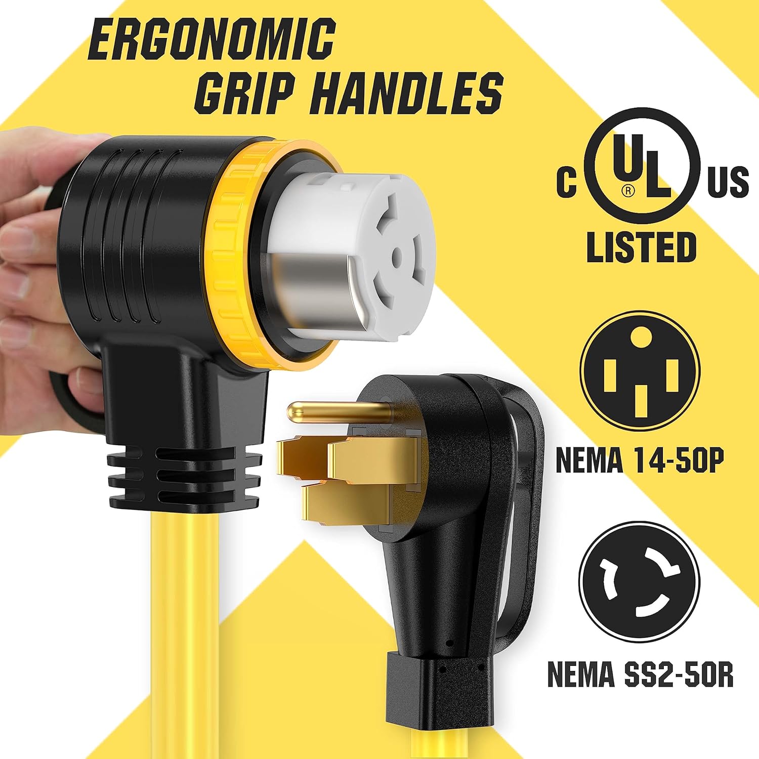 25 Feet 50 Amp RV/Generator Cord, UL Listed, 100% Copper Wire, NEMA 14-50P to SS2-50R Twist Lock, Newly Designed 90°Grip Handle, 6/3+8/1 Gauge STW Wire