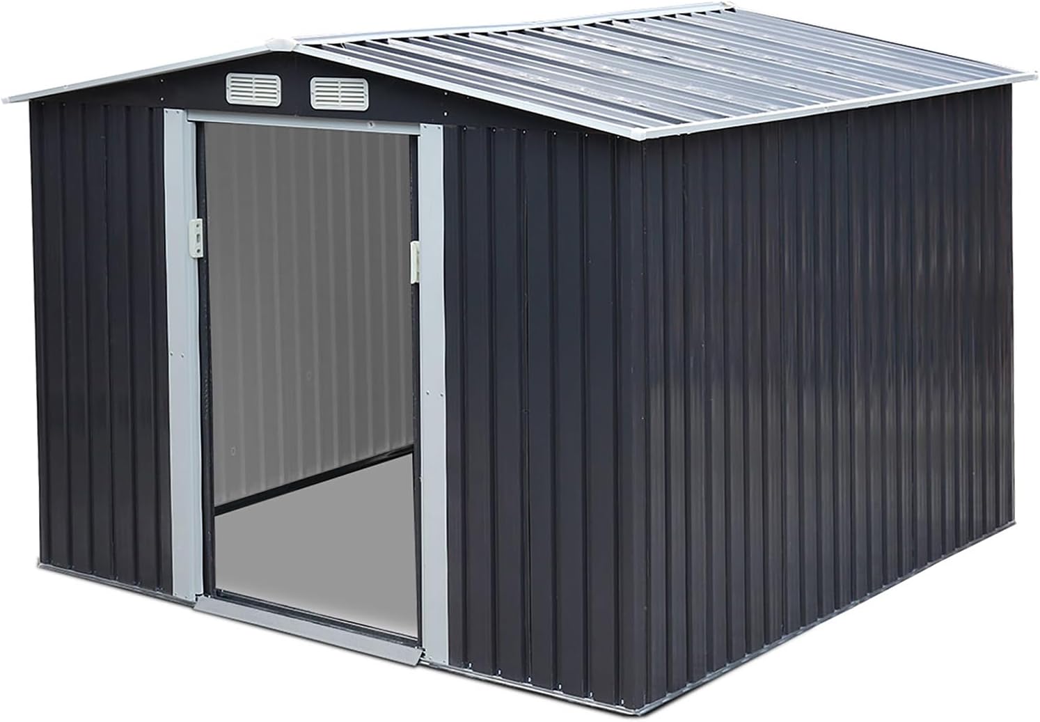 Generic 8' x 8' Outdoor Gable Steel Storage Shed, Lawn Mower Equipment House with Lockable Sliding Door, Large Tool Organizer for Backyard Garden, Deep Gray