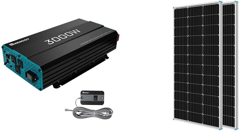 Renogy 3000W Pure Sine Wave Inverter 12V DC to 120V AC Converter & 2PCS 100 Watt Solar Panels 12 Volt Monocrystalline, High-Efficiency Module PV Power Charger, 2-Pack Compact Design