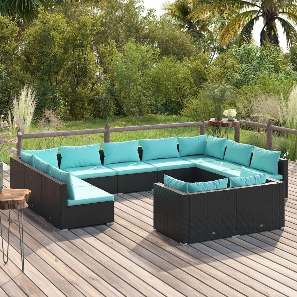 11 Piece Patio Lounge Set with Cushions Black Poly Rattan,AllWeather Patio Lounge Set with Modular Design and Comfortable Cushions Furniture Sets for Patio, Lawn & Garden