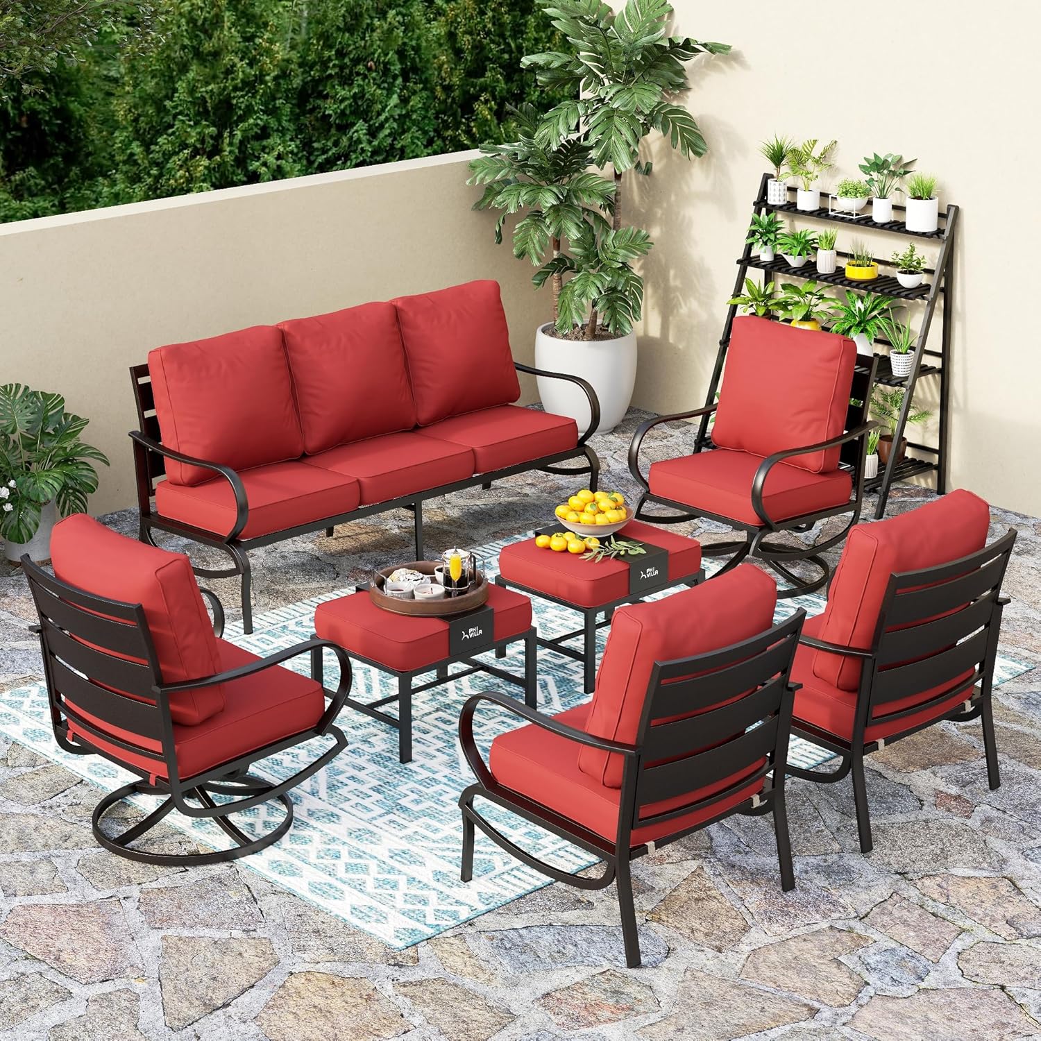 PHI VILLA 7 PCS Patio Furniture Set,Metal Outdoor Furniture with 1x 3 Seater Cushioned Deep Seating Bench Sofa, 2 Swivel Chair, 2 x Leg Chairs & 2 Ottoman for 7 Person, Red