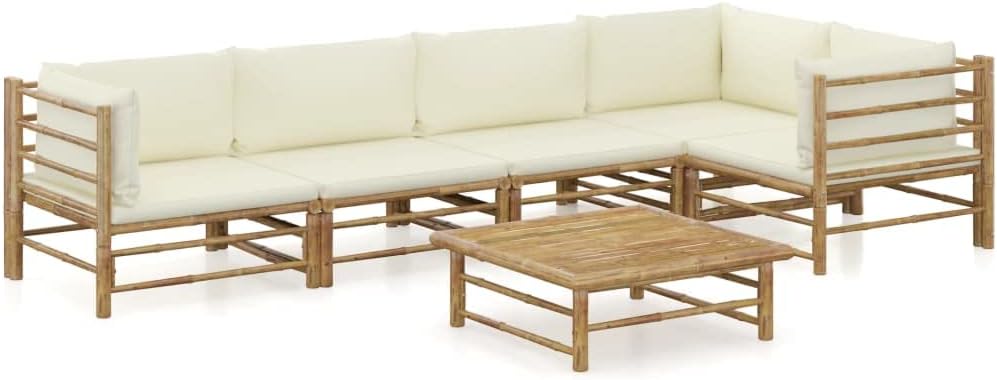6 Piece Patio Lounge Set with Cream White Cushions Bamboo,Versatile Bamboo Patio Lounge Set: Relax in Style and Comfort Furniture Sets for Patio, Lawn & Garden