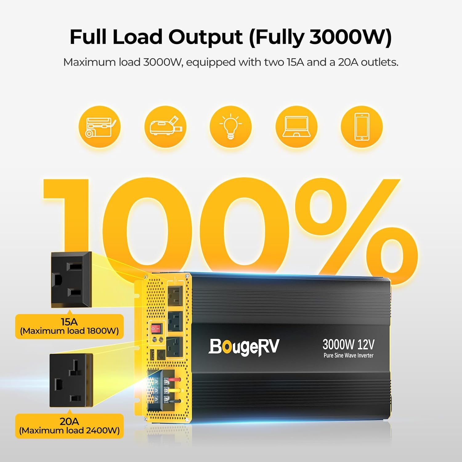 BougeRV 3000W Pure Sine Wave Inverter, Convert 12V DC to 120V/110V AC, Fully 3000W Output, Built-in BT for BougeRV APP, Wired Remote Controller, Off-Grid Solar System, RV, Home Backup Power
