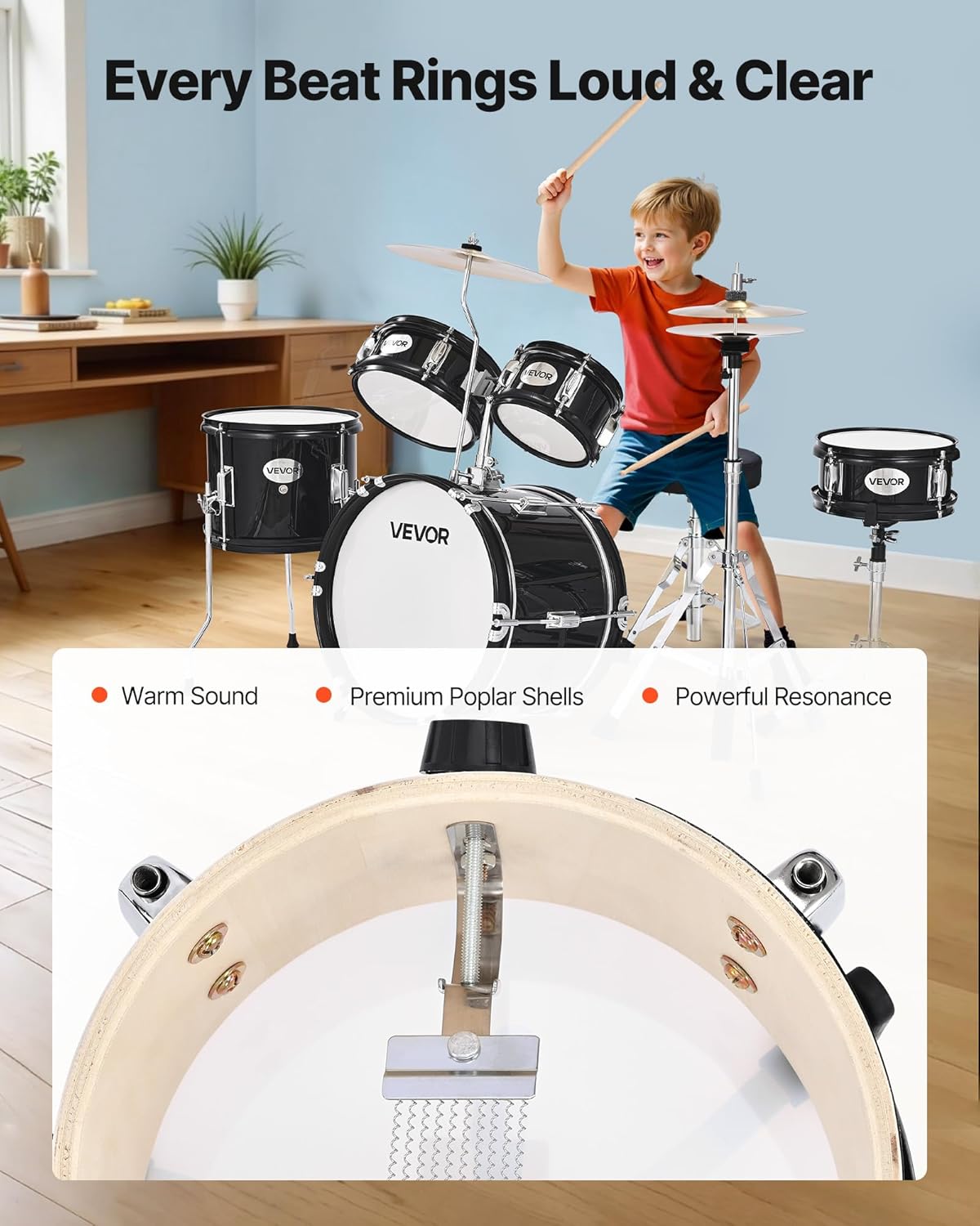 VEVOR Kids Drum Set, 5-Piece 14 in Junior Drum Sets, Beginner Drums Set with Adjustable Throne, Cymbal & Two Pairs of Drumsticks, Musical Learning Drums Instruments Kit, for Children Ages 6-13(Black)