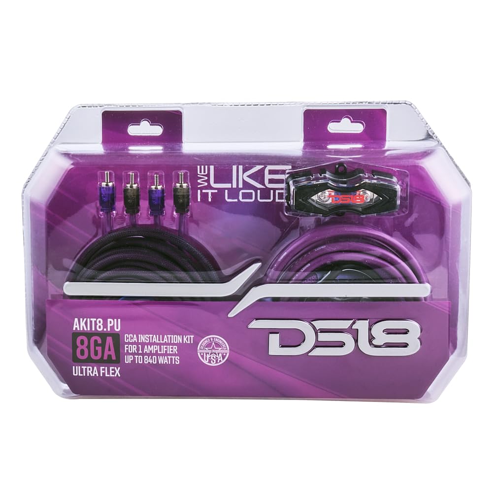 DS18 AKIT0.PU 0-GA Amplifier Installation Wiring Kit with Fuse Holder 250A, Up to 3500 Watts RMS, Ultra Flex Wire, Amp Wire Kit, Amp Wiring Kit 0 Gauge - Purple