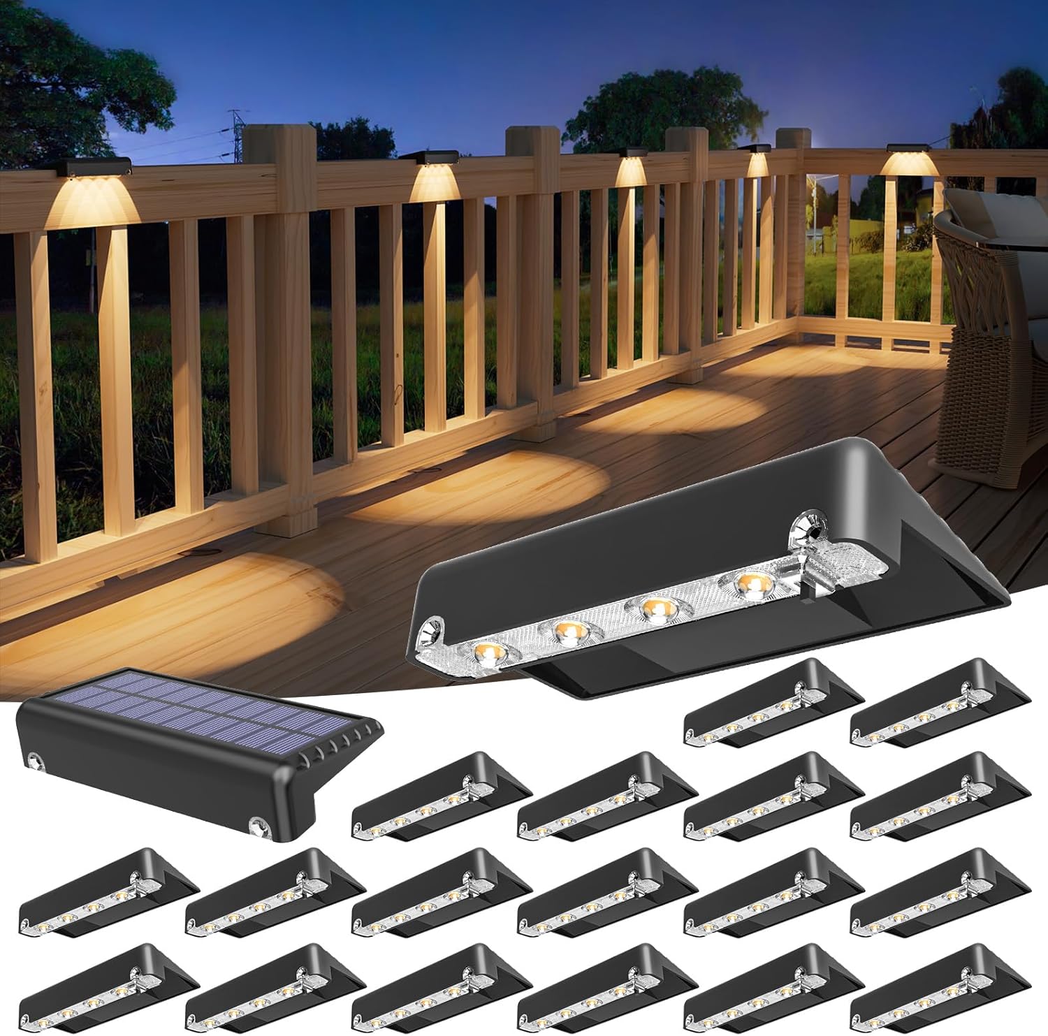 VOLISUN Solar Deck Lights 20 Pack, Warm White Glow LED Large Size Lamp, IP65 Waterproof Step Lights Outdoor for Deck, Step, Fence, Railing, Wall and Stairs (Black)