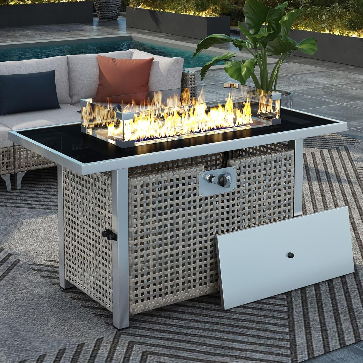 Propane Gas Fire Pit Table, Outdoor Fire Pits & Fireplaces, 60000 BTU Rectangular Open Weave Wicker Fire Pit with Glass Wind Cover for Outside Patio Deck Garden Backyard, Grey