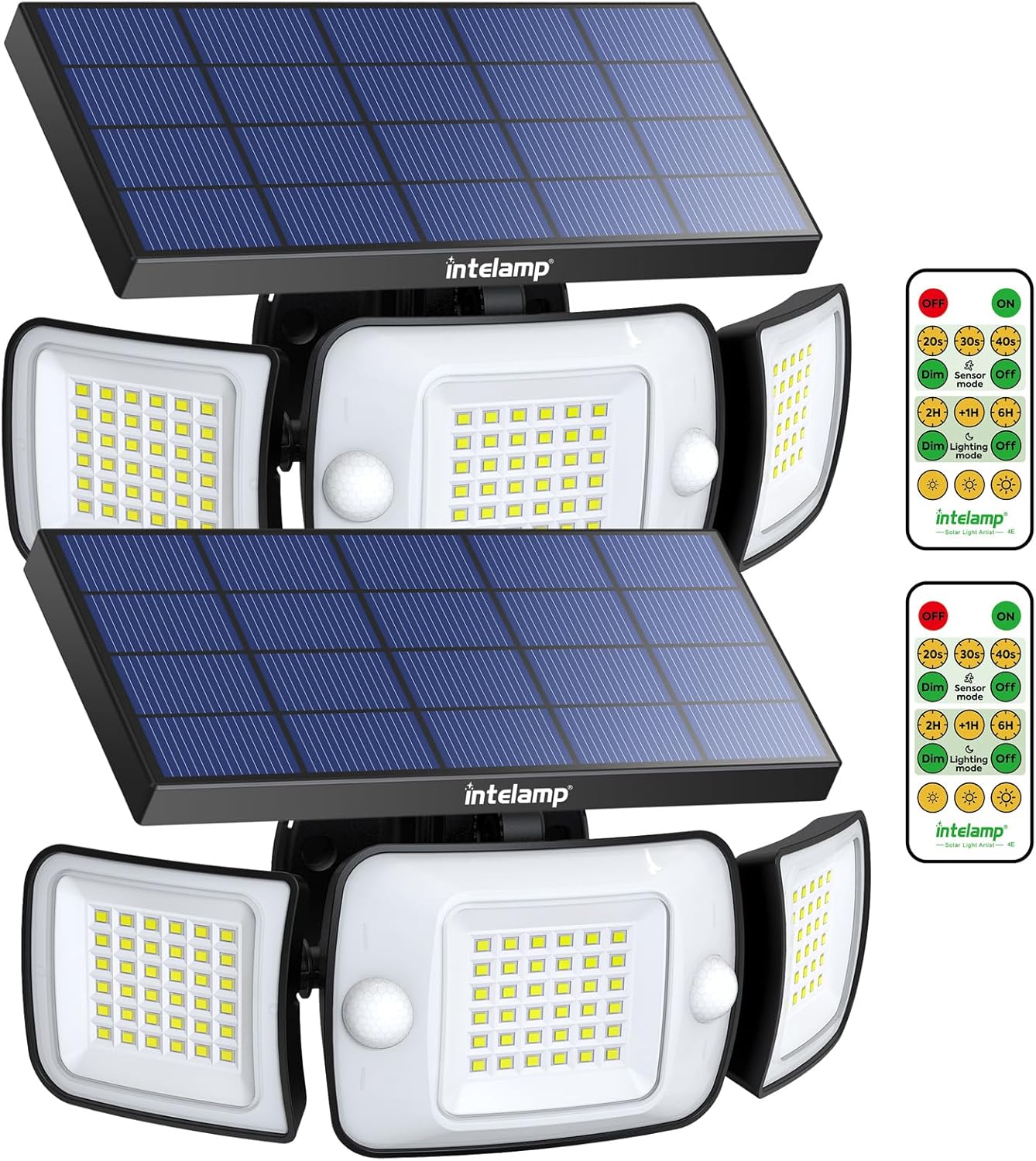 intelamp Solar Outdoor Lights 1200LM 6000mAh Security Lights with Remote Control,3 Heads Motion Sensor Light Outdoor, IP65 Waterproof,270° Wide Angle Flood Wall Lights with 4 Modes(2Pack)