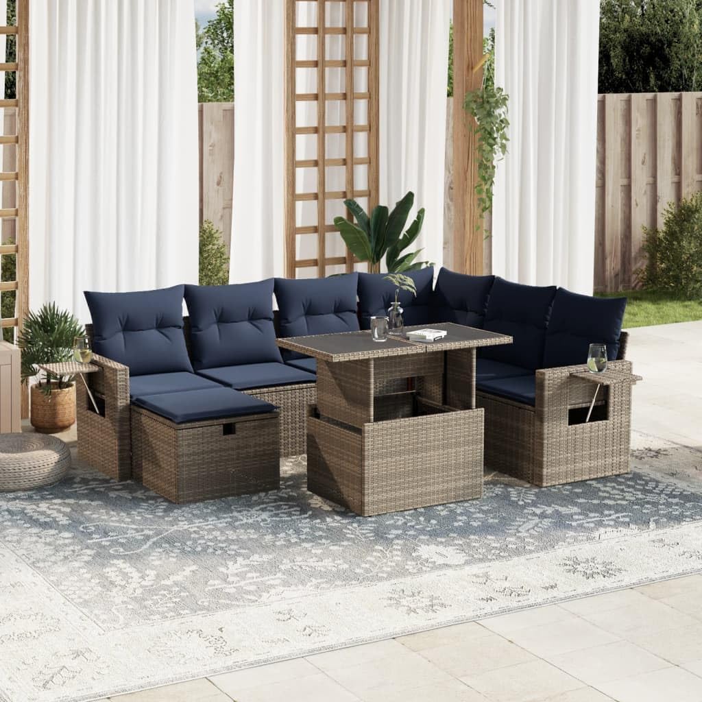 8 Piece Grey Poly Rattan Garden Sofa Set, Adjustable Dining Table, UV-Resistant Patio Furniture with Washable Cushions, Outdoor Seating for Backyard