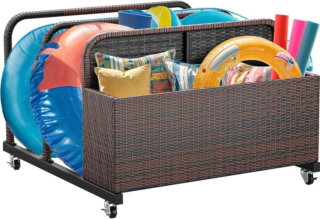 YITAHOME Outdoor Wicker Patio Poolside Float Storage, PE Rattan Rolling Pool Float Caddy for cushions, Floaties, Noodles, Life Vests, Beach Balls, Patio Furniture (Brown)