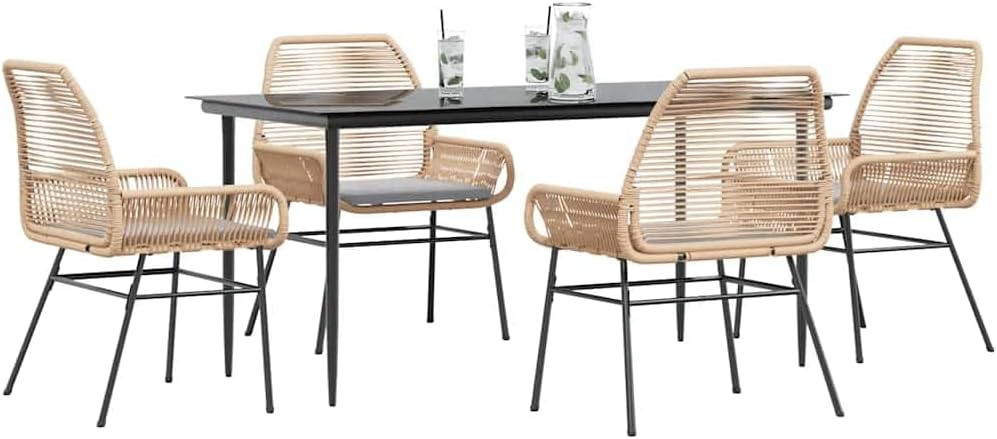 4-Seater Garden Dining Set, Brown Poly Rattan Patio Furniture, Rectangular Outdoor Table and Chairs Set with Cushions, Powder-Coated Steel Frame for Balcony, Deck
