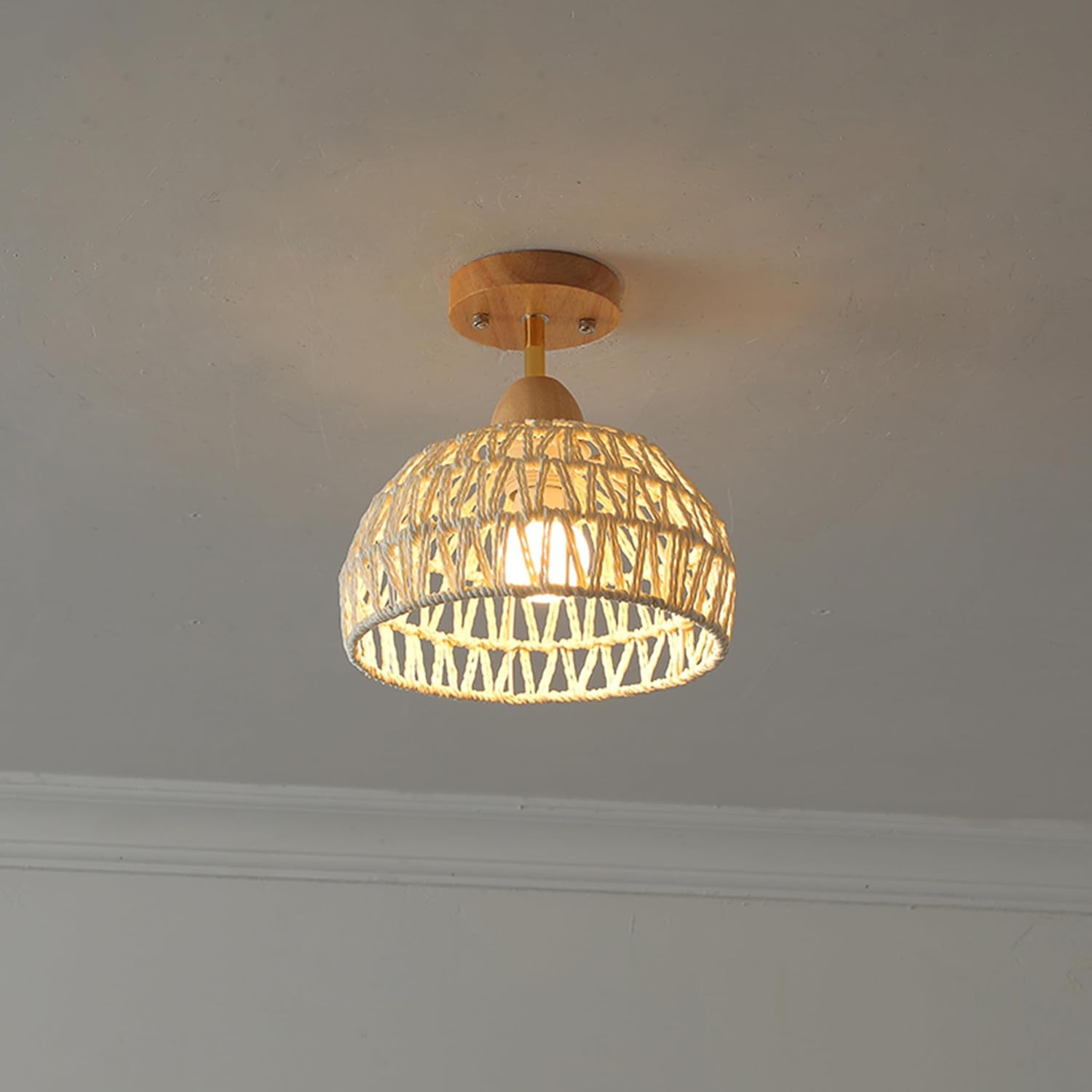 RV Hardwired White Dome Hemp Rope Wall Light with 12V Retro RV Decorative Light RV Ceiling Light Fixtures Ceiling Mount RV Wall Light, E26 E27 Country Semi Flush Mount for RV Camper,Wood