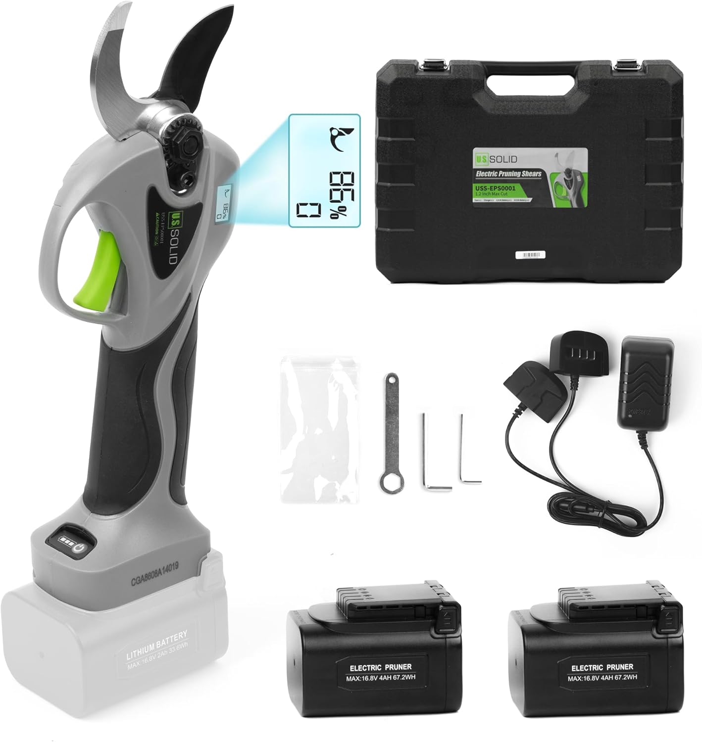U.S. Solid Cordless Electric Pruning Shear, 9-hour Runtime 2 Lithium Batteries Digital Display Scissor Clipper Cutter, Max 1.2 Inch(32 mm) Charger Tree Shrub Plant Gardener Trim Homeowner Orchard Tool