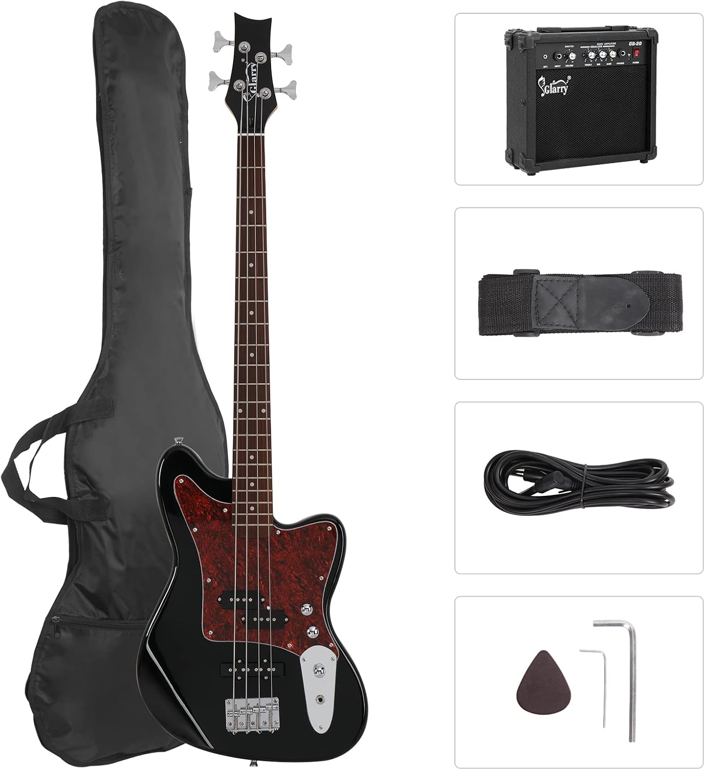 GLARRY 4 String Electric Bass Guitar Beginner Kit w/20w Amp, Red Pearl Guard Full Size Bass with Digital Tuner,Amp Cable, Strap, Bag and Accessories(Black)