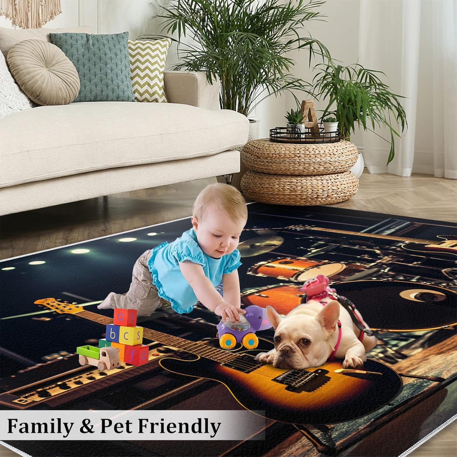 Large Area Rug 7x10 Rock Stage Rug, Instruments Rugs for Living Room, Guitar and Drum Beats Rug, Machine Washable Breathable Carpet for Bedroom Floor Decor Study Dining Room