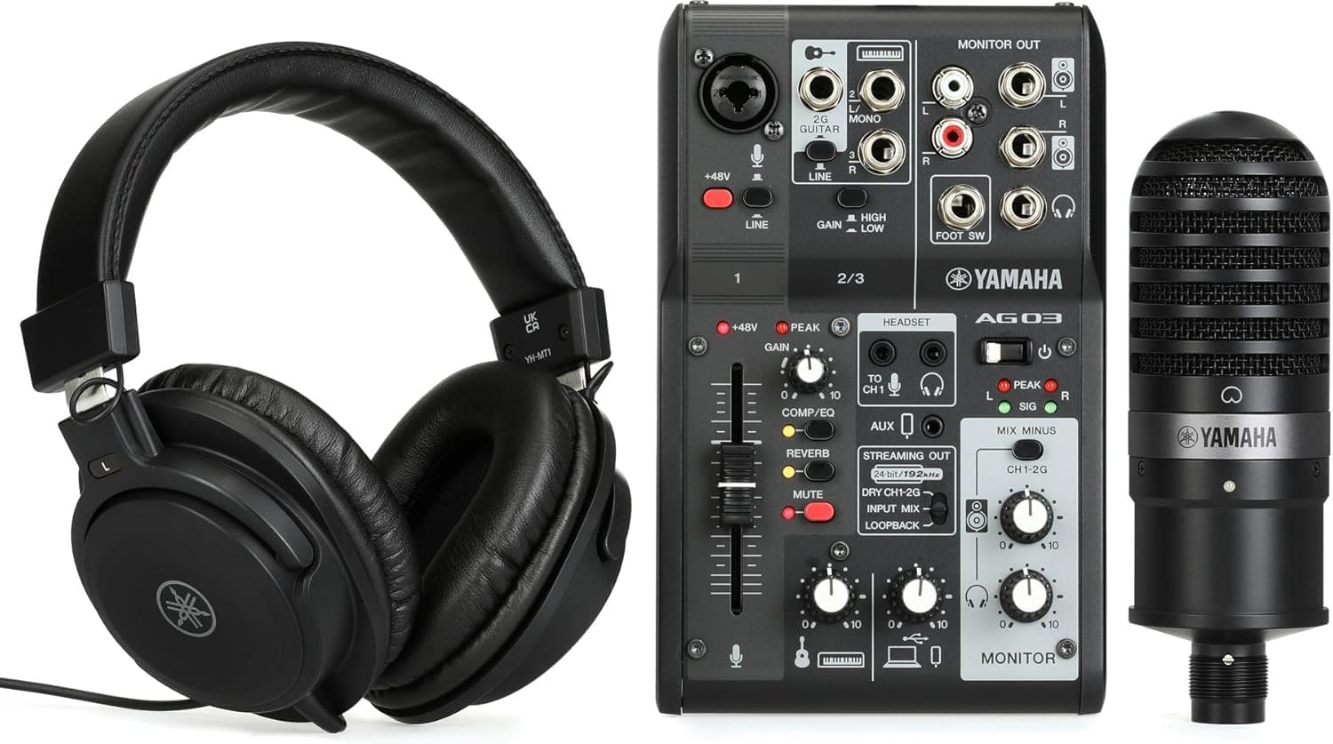 Yamaha AG03MK2 Black Live Streaming Kit with mixer/USB interface, condenser microphone, headphones and mic cable