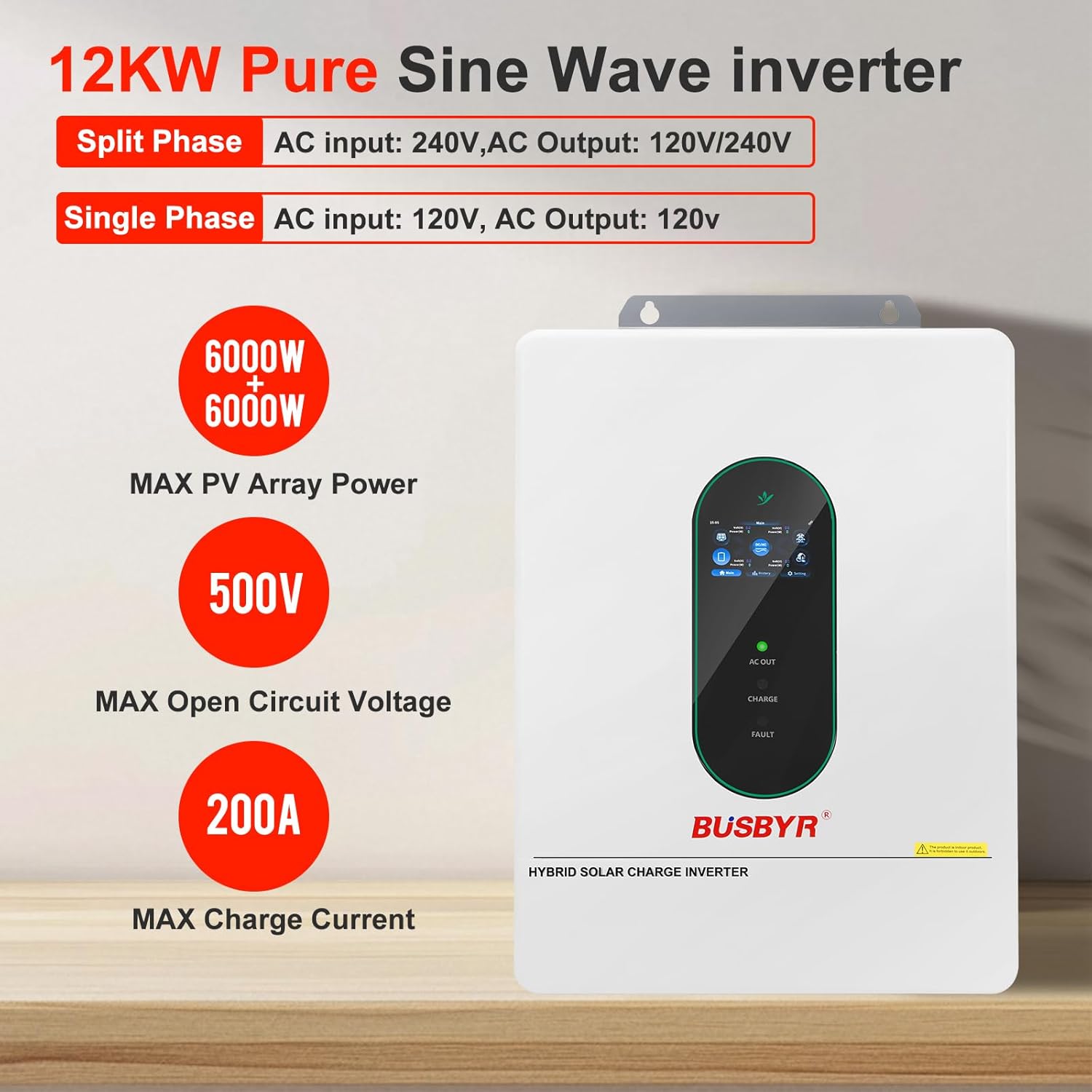 12000W Hybrid Solar Inverter 48V DC to 110V/120V AC Pure Sine Wave, 240V Split Phase, 200A MPPT Controller, Supports Grid-Tie/Off-Grid, Battery & Solar Charging for Home, RV, Backup Power