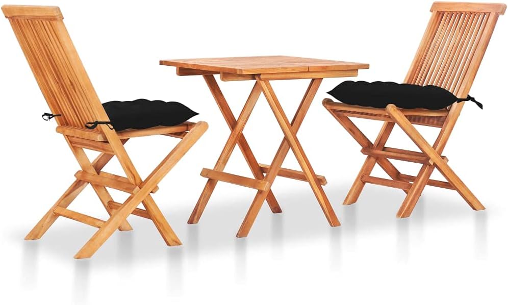 3 Piece Bistro Set with Black Cushions Solid Teak Wood, Patio Furniture Sets, Outdoor Furniture