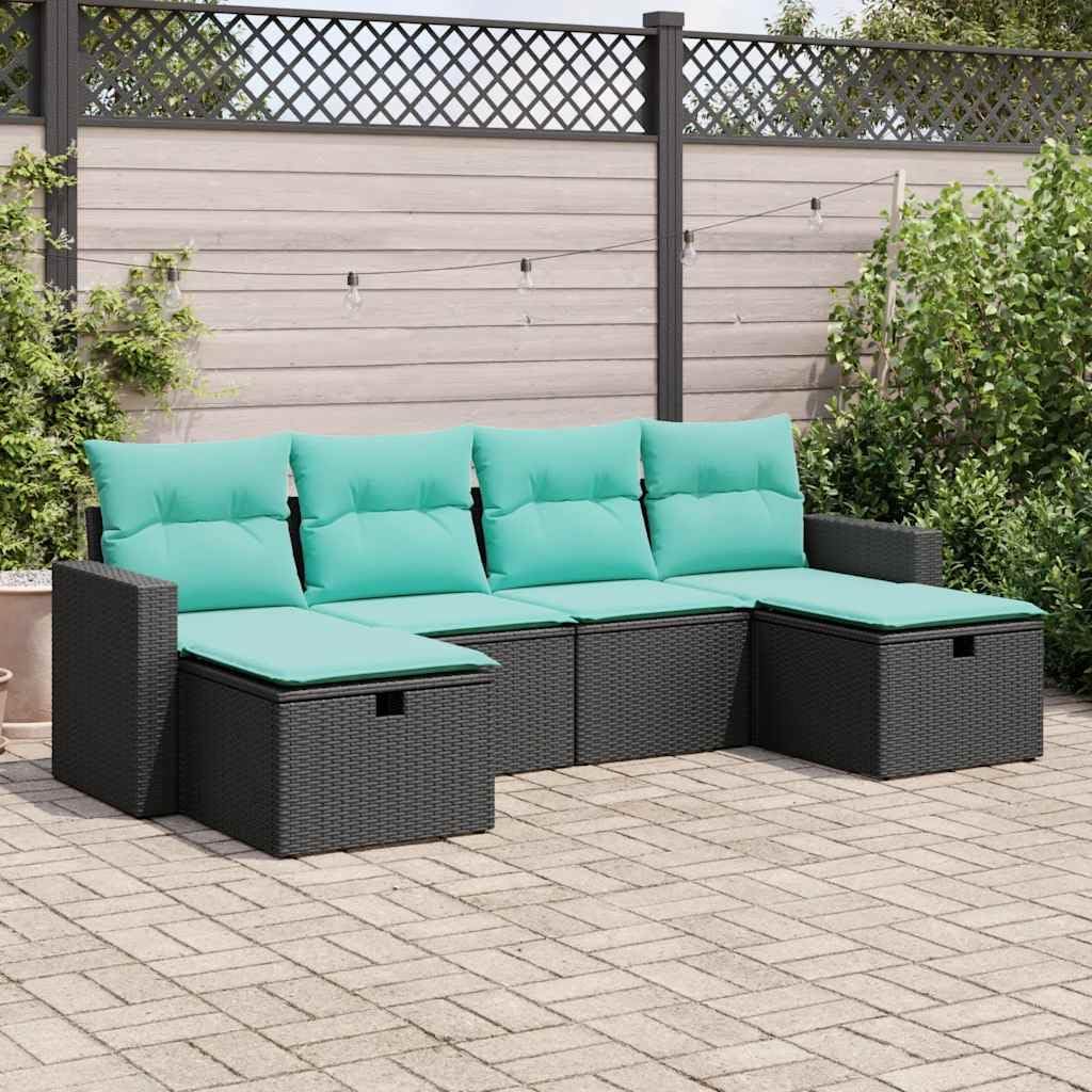 6 Piece Garden Sofa Set, Black PE Rattan Outdoor Furniture with Blue Cushions, Powder-Coated Steel Frame, Patio Table and Chairs for Balcony, Terrace