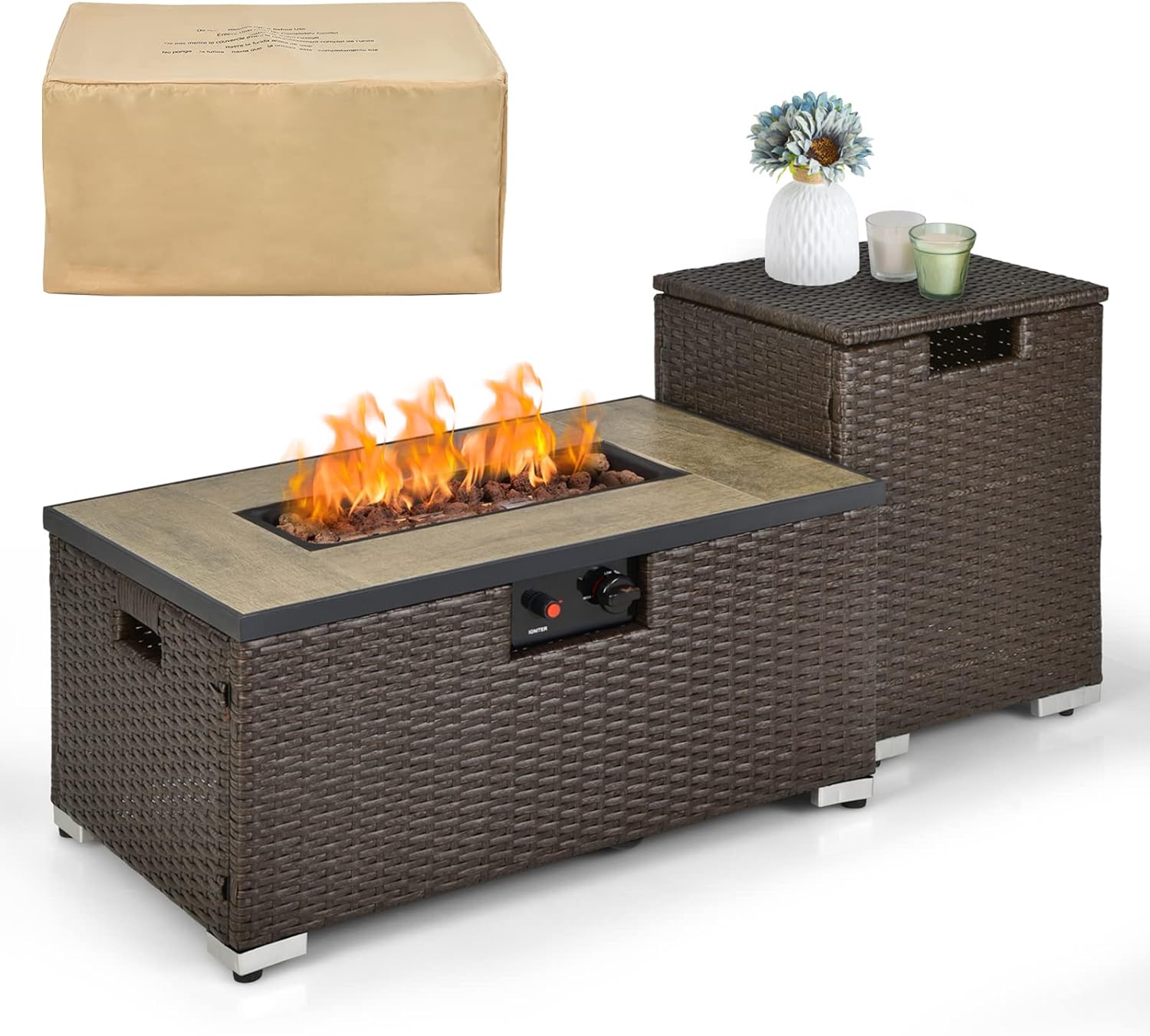 TANGZON Outdoor Fire Pit Table and Propane Tank Hideaway Table, 40,000 BTU Rattan Fire Pits with Lava Rocks, Side Handles & Waterproof Cover, Gas Tank Holder (2PCS Fire Pit & Hideaway Table Set)