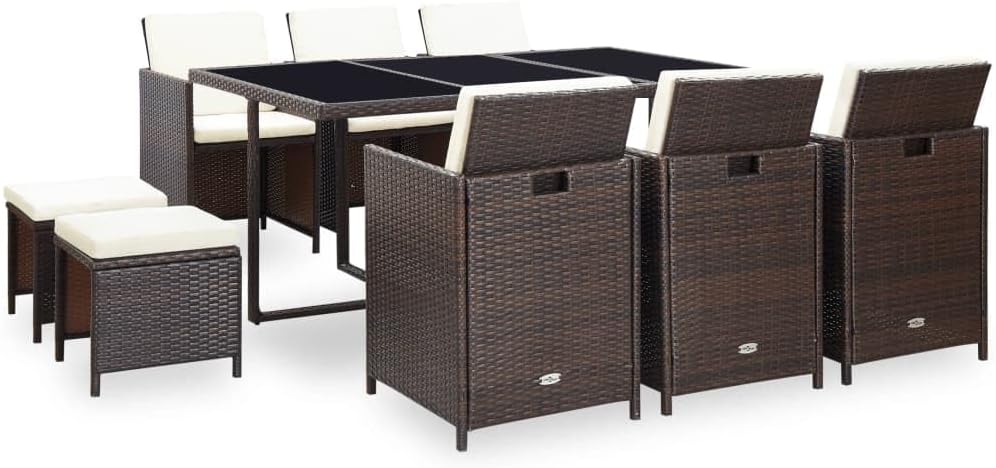 11 Piece Patio Dining Set with Cushions Poly Rattan Brown,Elegant Rattan Patio Dining Set for Outdoor Entertainment and Relaxation Furniture Sets for Patio, Lawn & Garden