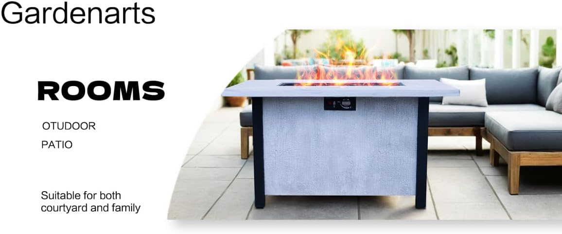 44-inch Rectangle Propane Fire Pit Table, 50,000 BTU Outdoor Patio Heater with Charcoal Grain Texture & Cover, Black & White CSA Certified Gas Fire Pit for Garden