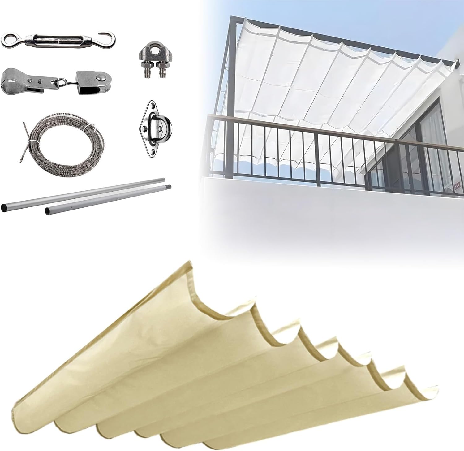 Pergola Shade Cover Retractable with Installation Accessories, Retractable Canopy, Pergola Retractable Canopy for Patio Deck Porch Gazebo Carport Easy to Assemble(Beige,10x2m/32.8x6.5ft)