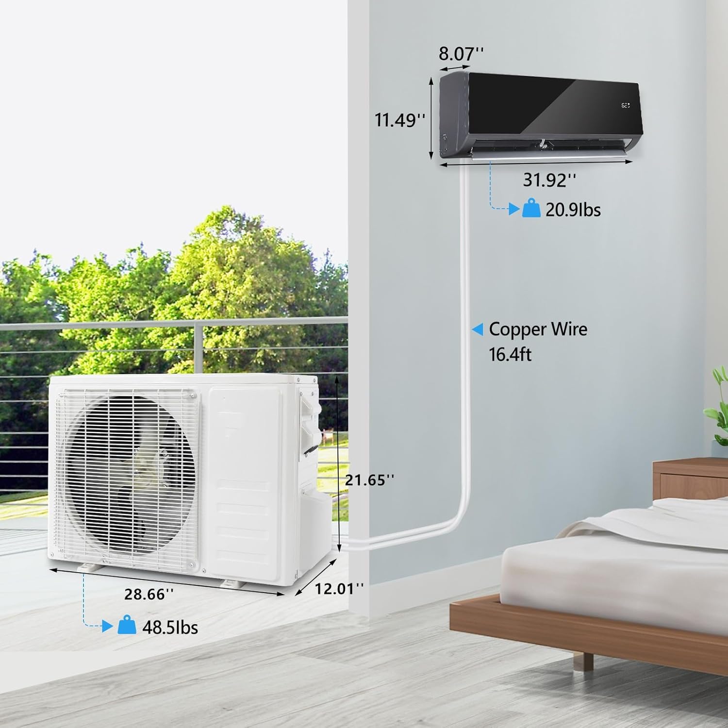 Bonnlo 12000 BTU Mini Split Air Conditioner & Heater, 21 SEER2 115V Inverter Ductless Wall AC Unit for Rooms up to 550 Sq. Ft with Pre-Charged Condenser, Heat Pump & Installation Kit (Black)