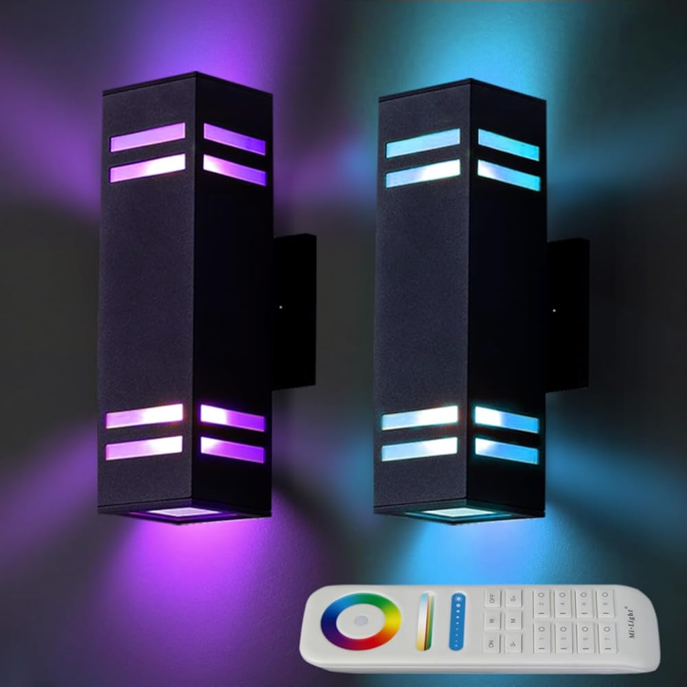 Up Down Wall Sconce RGB Color Changing Lights 1200lm, Dusk to Dawn Outdoor Lighting Fixture 2 Pack, Milight Remote Control Smart Exterior Lights with Tunable White 2700k-6500k (ETL Listed)
