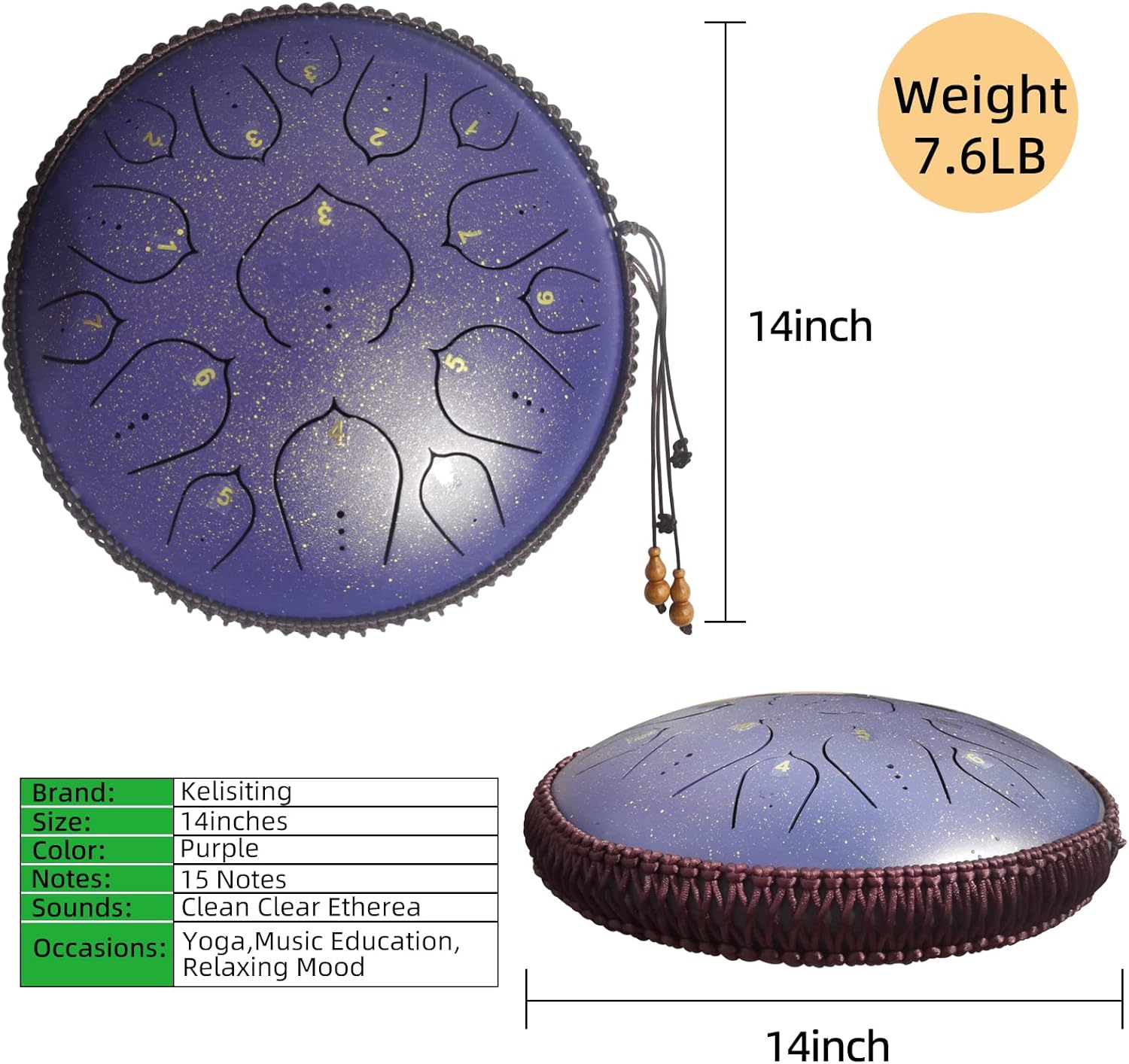 14 Inch 15 Notes D Major Steel Tongue Drum,Premium Adult's Music Hand Drum Instrument,Clean Clear Ethereal Sounds,Purple