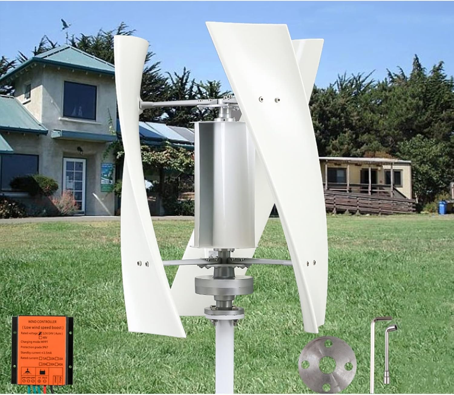 12v 24v 48v Wind Turbine Kit 2000w Wind Turbine Vertical Axis Windmill 3 Blades Permanent Magnetic Levitation Generator with Mppt Charge Controller (Color : White, Size : 24v)