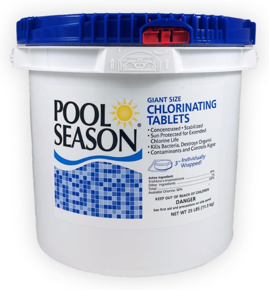 Pool Season 3 Inch Chlorine Tablets – Stabilized, Individually Wrapped, Slow-Dissolving Tri-Chlor Tabs – 90% Available Chlorine – 25 lb Bucket for Swimming Pools