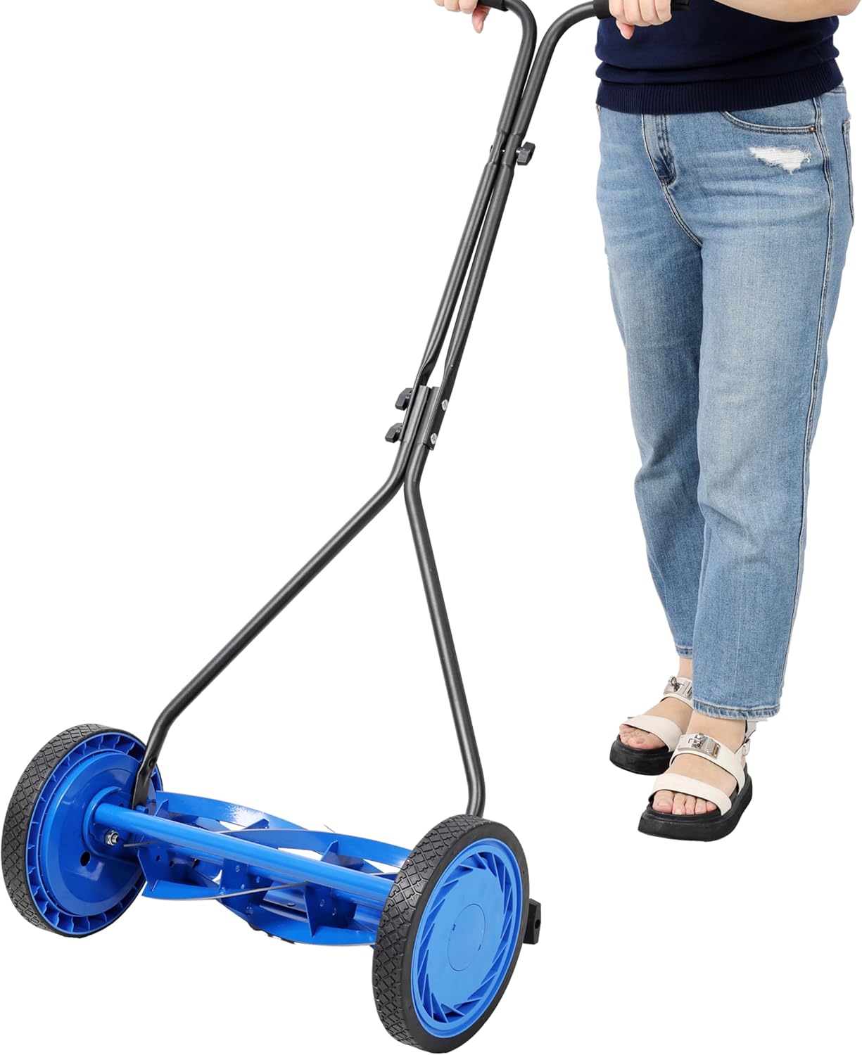 16 Inch Push Lawn Mower, Push Reel Mower Manual Grass Cutter Lawnmower with 5 Blades for Green Lawns Garden (Blue)