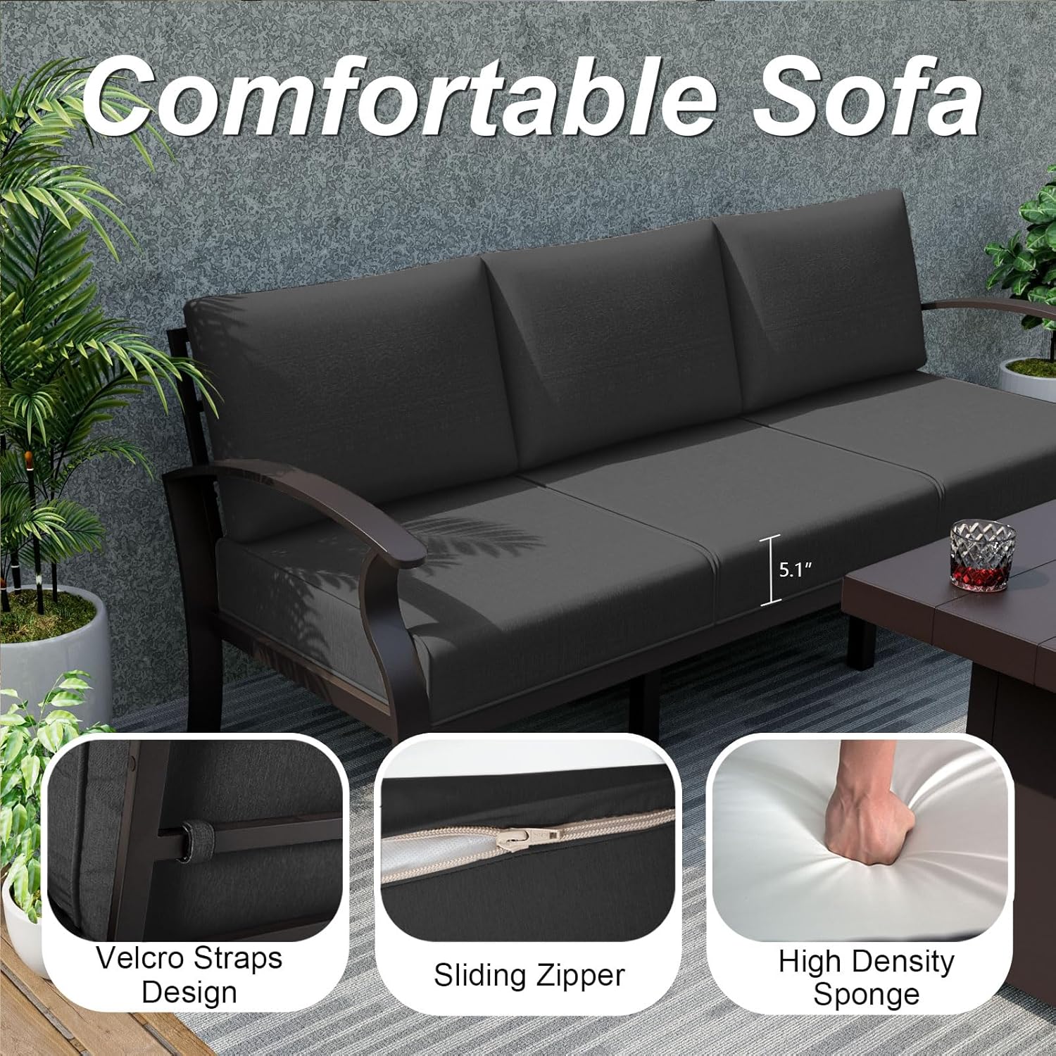 ALAULM Aluminum Patio Furniture Set with Propane Fire Pit Table 8-seat Metal Outdoor Furniture w/Fire Pit Patio Conversation Set w/5.1