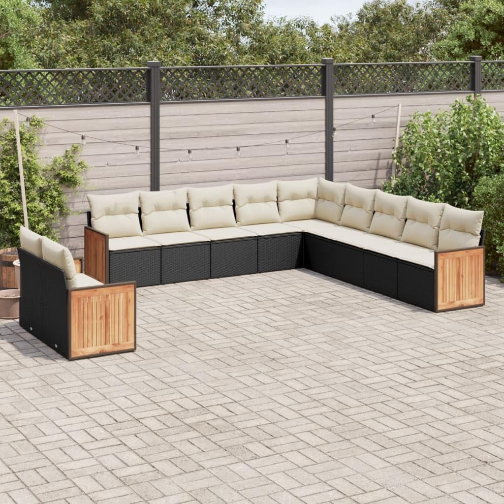 11 Piece Garden Sofa Set Black and Cream White PE Rattan Large Modular Furniture with Cushions for Patio Backyard Outdoor Seating Lounge