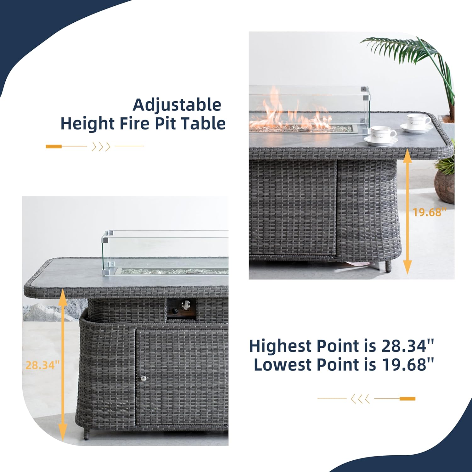 Height Adjustable Fire Pit Table, 2-in-1 Design with 50,000 BTU Burner, Brown Rattan Wicker, 19.68-28.34 inch Adjustable Height, Glass Wind Guard (Grey)