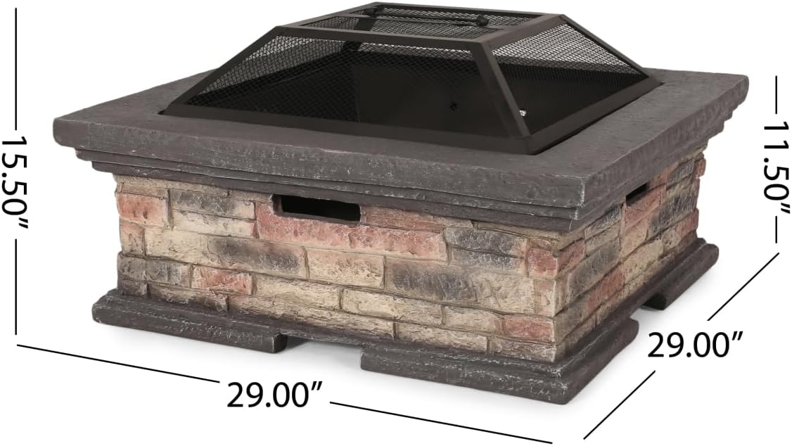 29 Inch Square Stone Gray Wood-Burning Fire Pit, Outdoor MGO Magnesium Oxide Fire Pit Table, Lightweight Concrete Patio Heater for Garden Backyard, No Assembly Required