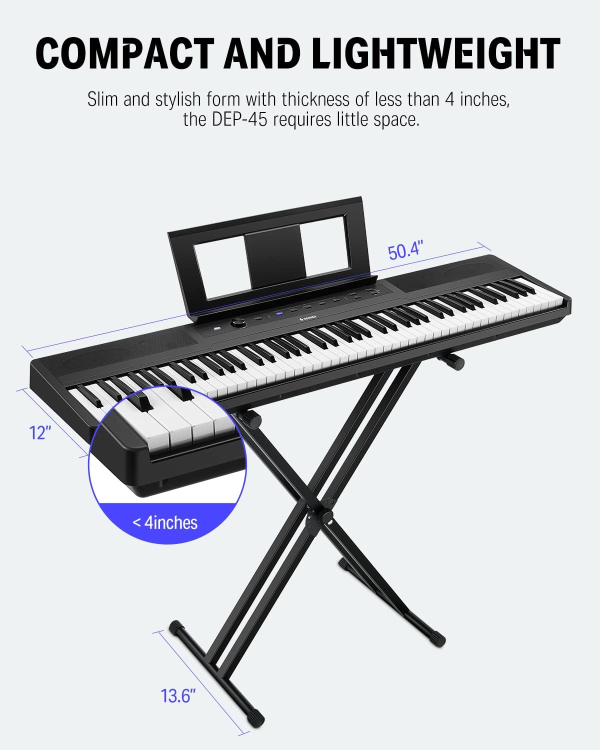 Digital Piano Ultrathin Donner DEP-45, Beginner Electric Piano Keyboard with 88 semi-weighted Keys, Full Size Portable Electronic Keyboard Piano with Stand, Sustain Pedal, Power Supply