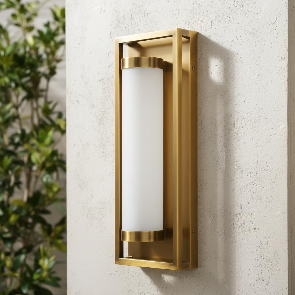 Hyunbae Outdoor Wall Sconce, Mid Century Modern Outdoor Wall Light Fixtures, 15W Dimmable LED Exterior Lights for House Patio Porch Garage Entryway Doorway, Brass, 3000K