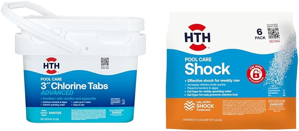 HTH 42055 25lb Swimming Pool Chlorine Tabs Advanced and HTH 52030 13.3oz (6 Pack) Swimming Pool Shock Treatment