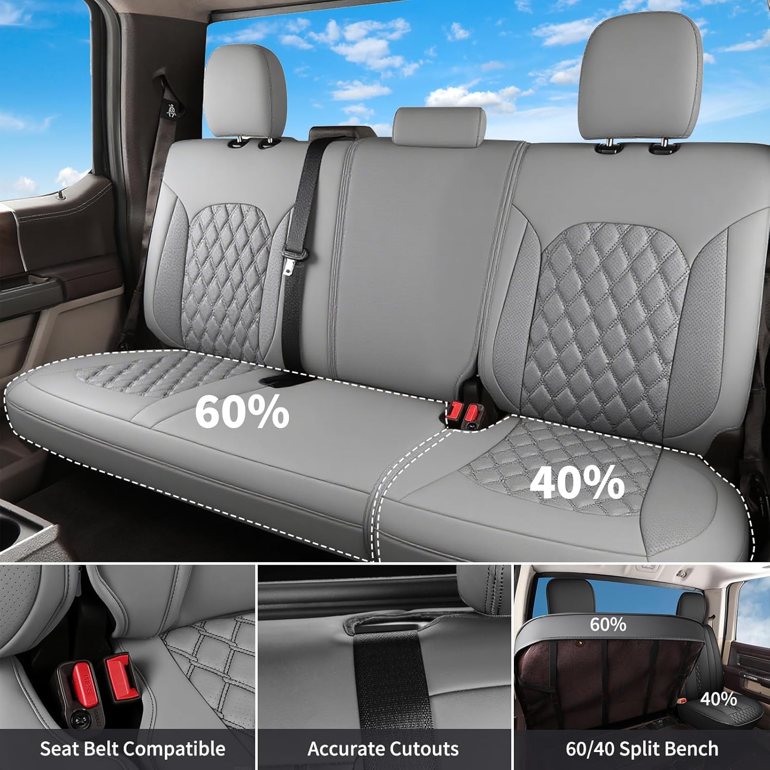 Huidasource Tacoma Front&Back Seat Covers, Gray Leather Car Seat Cushion Cover Accessories Fit for 2016-2023 Double & Crew Cab Toyota Tacoma SR SR5 Limited TRD Sport/Pro/Off Road(Full Set/Gray)
