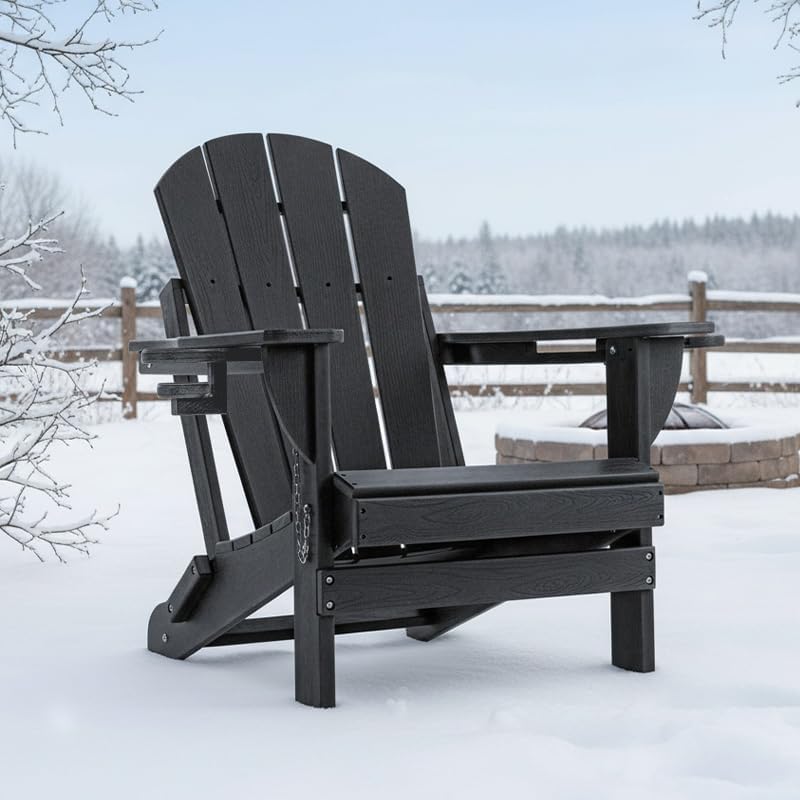 Folding Outdoor Adirondack Chairs Set of 4 with HDPE Side Tables-Plastic Weather Resistant Patio Chairs with Small Outdoor Side Tables 2 Storage for Patio,Fire Pit, Garden and Backyard