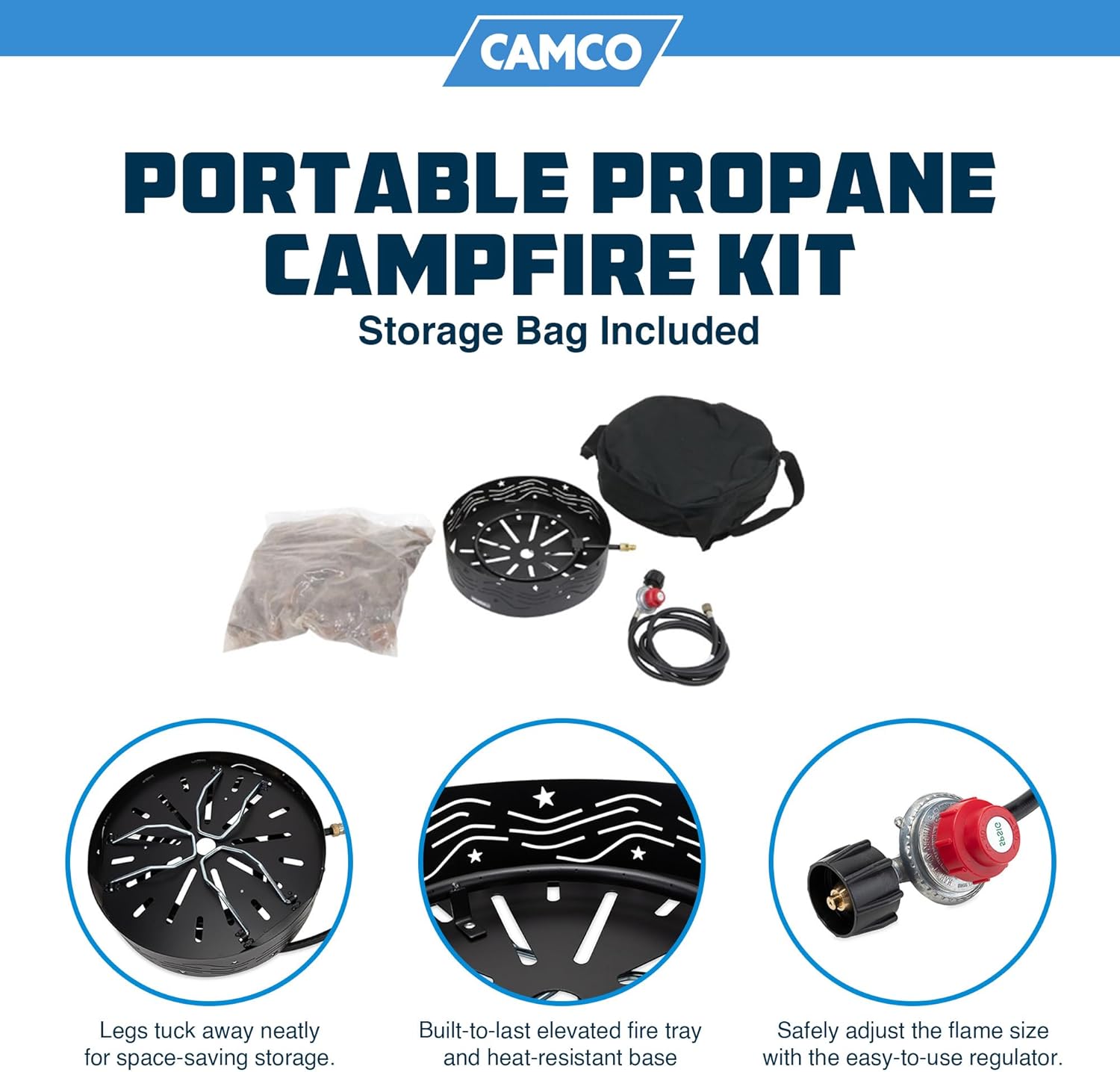 Camco 58041 Portable Campfire Outdoor Propane Heater Compact Fire Pit with Lava Rocks for Camping, Tailgating, and Patios, Black