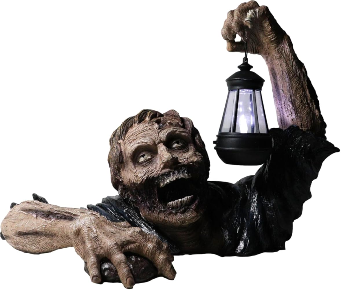 Ebros Large Dramatic Head Shot Impaled Zombie Crawling Out of Grave Statue with Hanging Solar LED Lantern Light in Hand Dead Rising 18