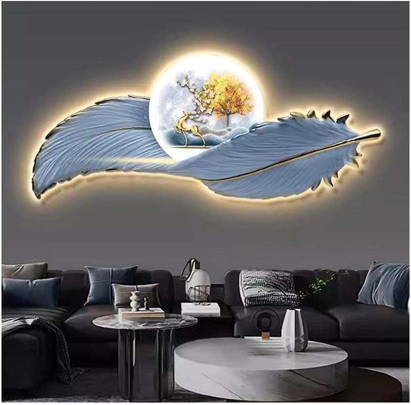 GRRICEPL Large Feather Wall Hanging Decor, Wall Art Decorations Lamp with LED Lights, Modern LED Wall Mounted Lighting, for Bedroom Living Room Apartment (Color : E, Size : 100x39cm)