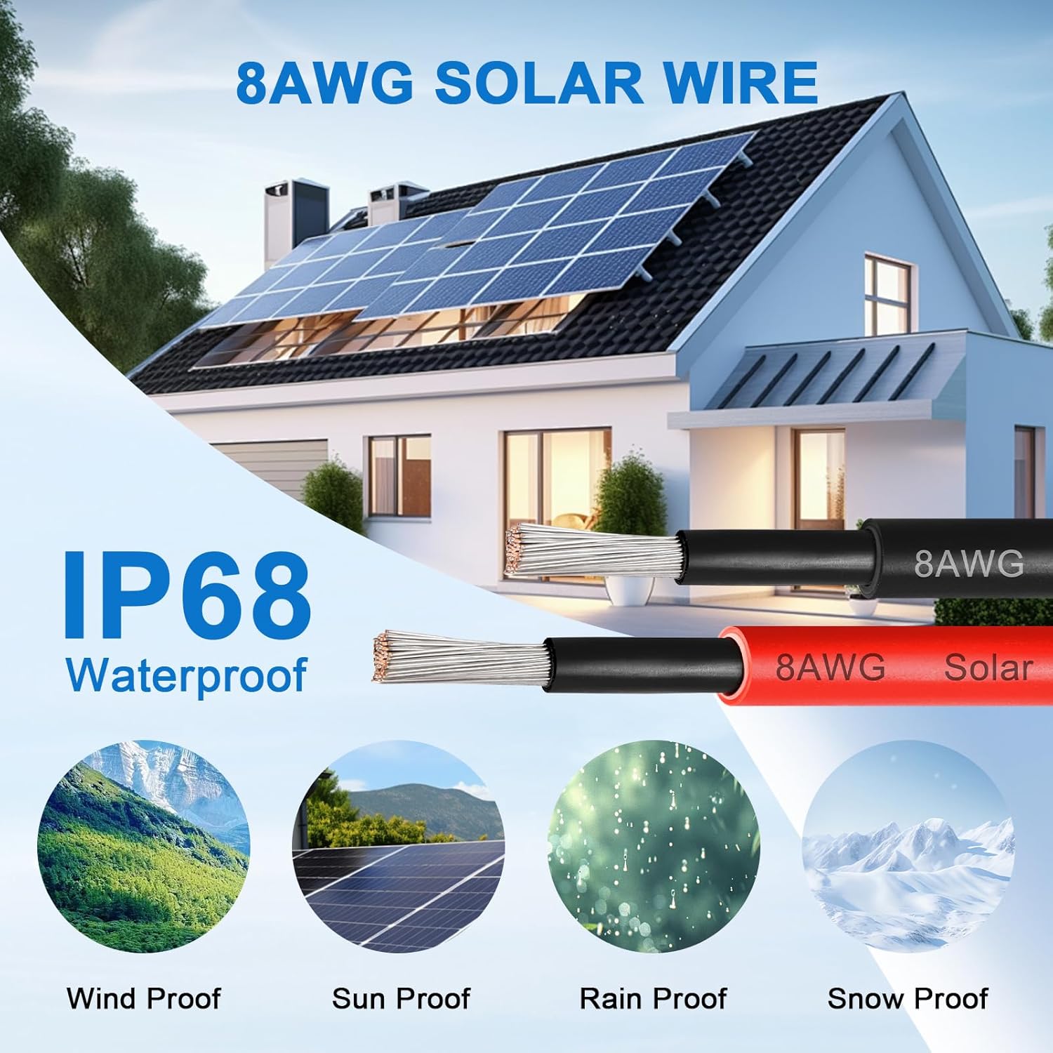 XRDS -RF 8AWG Solar Panel Wire 10mm², 2 Pack 200FT Red & Black Solar Extension Cable, PV Wire with Tinned Copper, Sunlight & UV Resistant, for Solar Panel, RV, Inverter, Battery, Off-Grid Systems