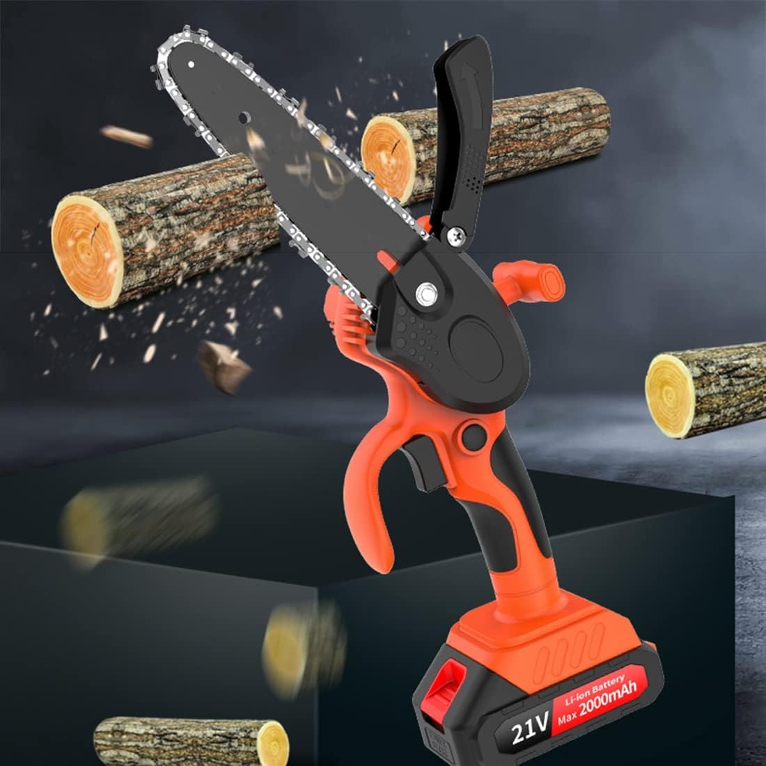 Mini Chainsaw Cordless, 4 Inch Small Handheld Super Saw, Battery Powered Electric Chain Saw for Garden Forest Pasture Orchard Wood Cutting Pruning, Included 2 Steel Chains & Lithium Batteries