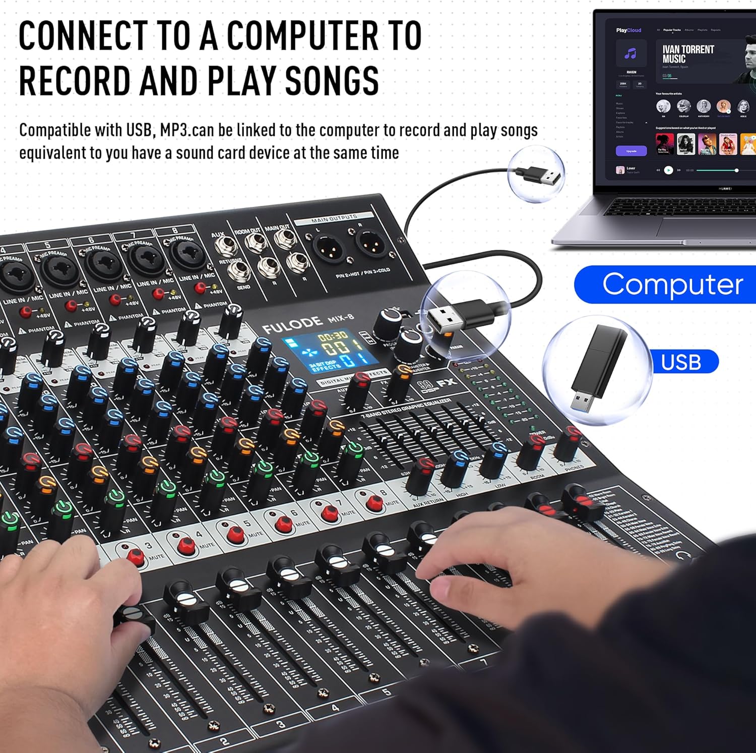 8-Channel Professional Audio Mixer Sound Board Console 99 Bit DSP Digital Processor w/USB Bluetooth MP3 for PC Recording Input, XLR Microphone Jack, 48V Power, DJ Mixer