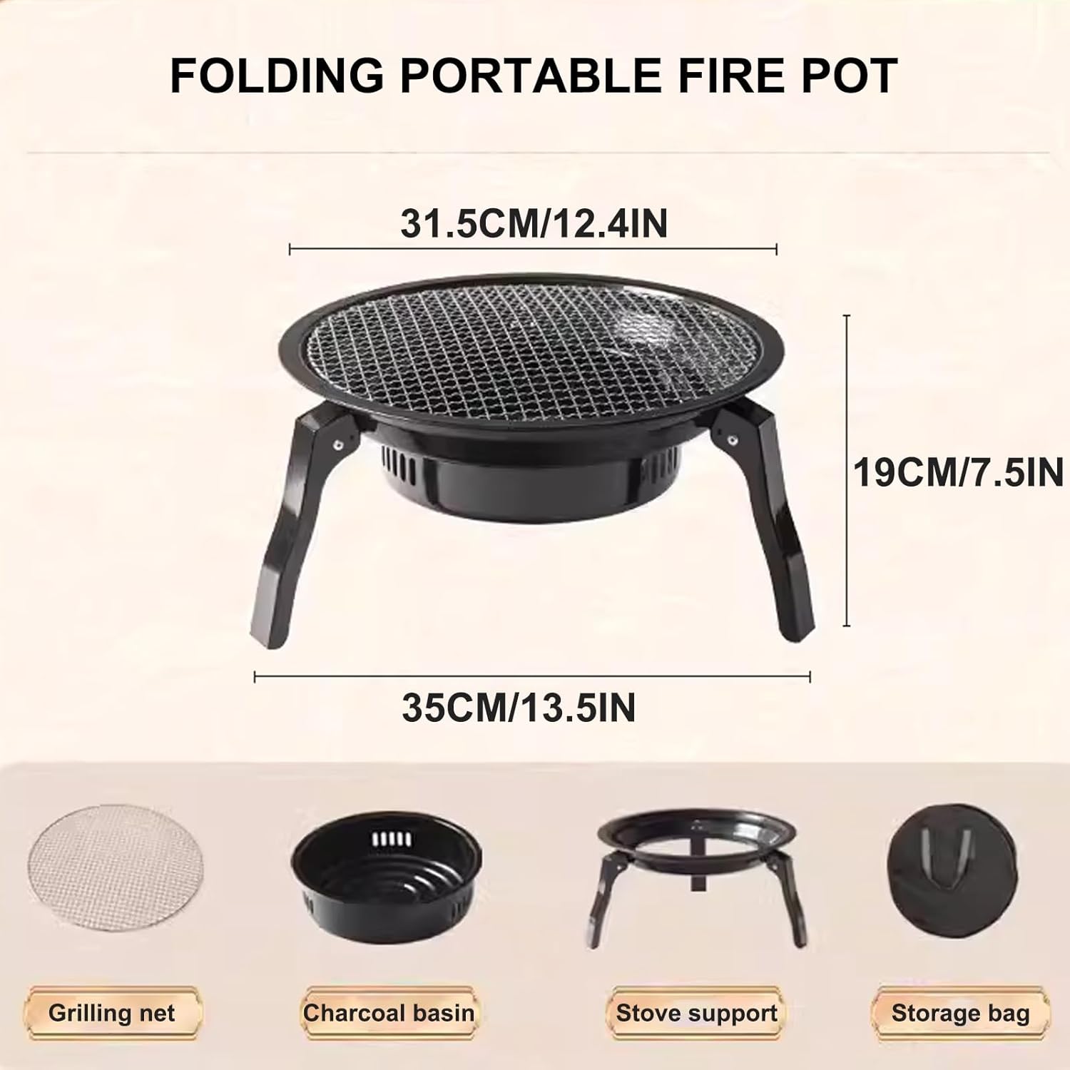 Generic Fire Pit Wood Burning, Charcoal BBQ Grill, Portable Foldable Iron Campfire, Camping Grill with Carry Bag for Outdoor Backyard Cooking, 1-5 People, 12.4*7.5*13.5in, Black